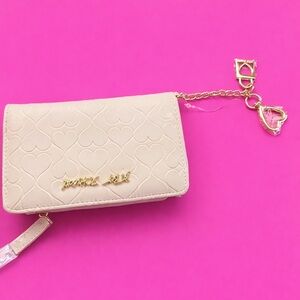 Betsey Johnson Cream Quilted Heart Wristlet Wallet with Gold Charms.
